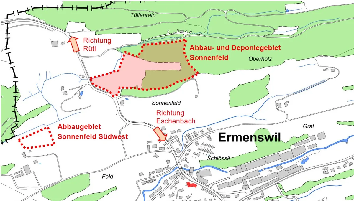 Die Karte zeigt die Lage des Abbau- und Deponiegebiets Sonnenfeld bei Ermenswil. 